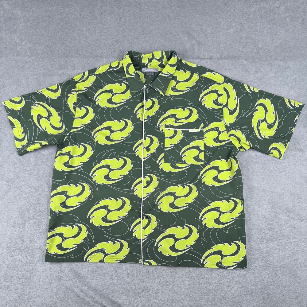 Nike Mens XL Short Sleeve Button Down Shirt Abstract Swirl Green Neon Y2K Style